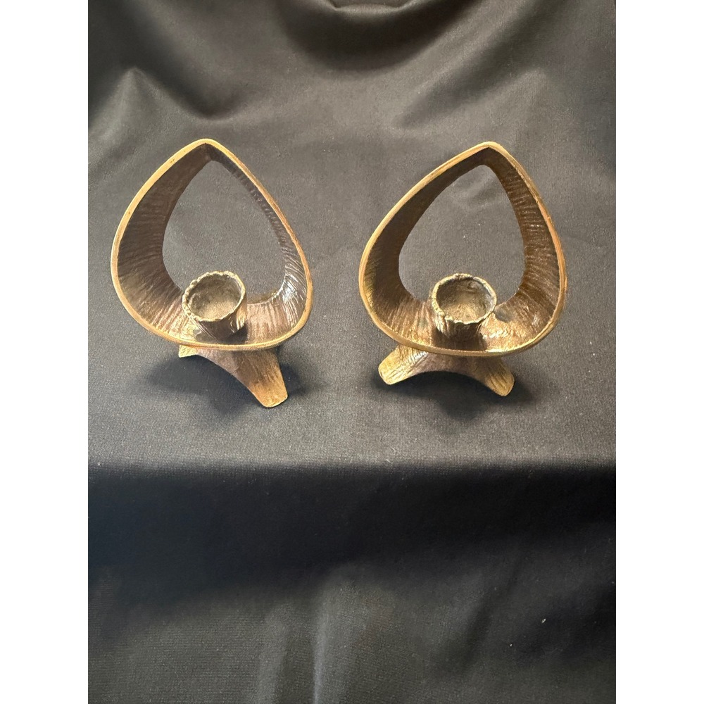 Vintage Made in Israel Sculptural Brass Tone Candleholders Pair MCM Art